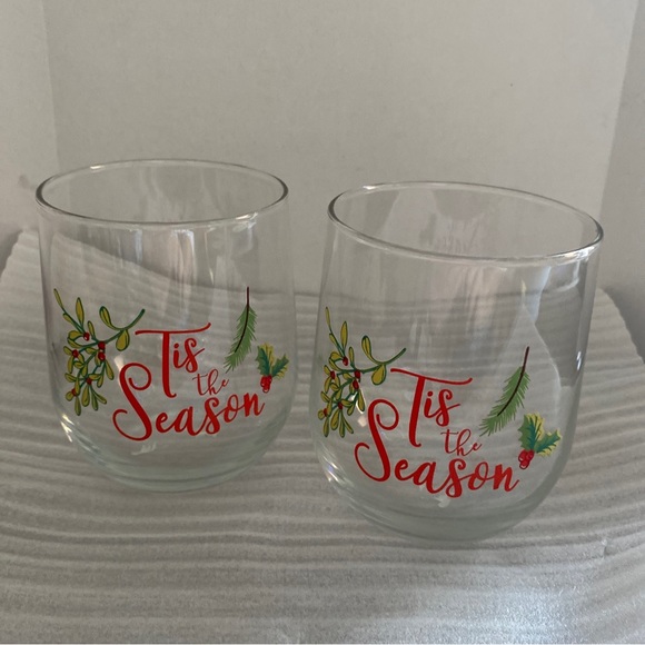 TIS THE SEASON Printed Stemless Wine Glasses Red Green 16.8oz, Set of 2 - Picture 3 of 3
